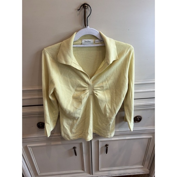 Neiman Marcus Cashmere Yellow Collared Sweater 3/4 Sleeve Small Soft Vneck - Picture 1 of 5